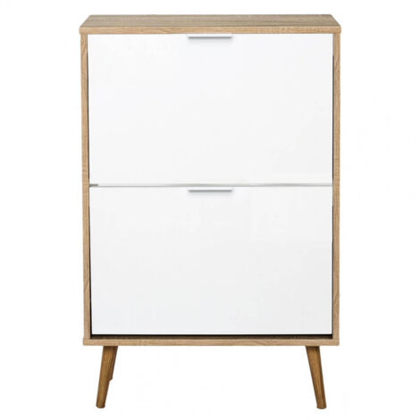 Altobuy – Meuble à chaussures 2 portes blanc effet bois – Dimensions 60x23,5x91,5 cm – Structure panneaux particules – Rangement 12 paires