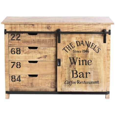 Altobuy – Meuble de rangement en manguier massif motif 'Wine Bar' – Dimensions 116 x 40 x H85 cm – Finition vernis nitro cellulosique – Style industriel