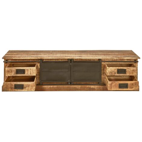 Altobuy – Meuble TV en manguier massif 180x45xH50 cm – 2 portes coulissantes – 4 tiroirs – Métal laqué noir – Finition brute industrielle