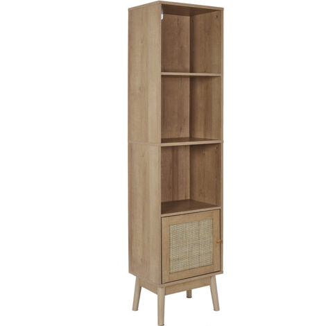 Altobuy – Rangement colonne de salle de bain 3 étagères 1 porte – Dimensions 40x30xH160 cm – Structure panneaux de particules effet bois – Façades en rotin