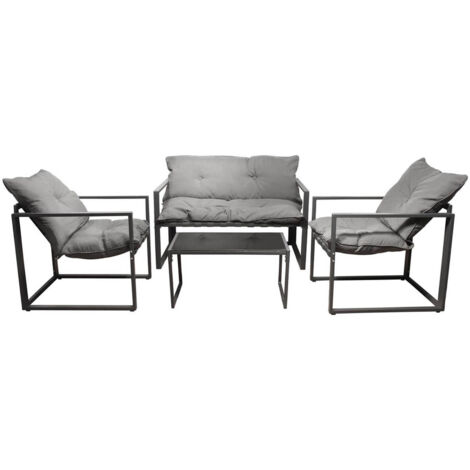 Altobuy – Salon de jardin 4 pièces – Structure acier époxy gris – Table basse verre teinté – Fauteuils 2 places et 1 place