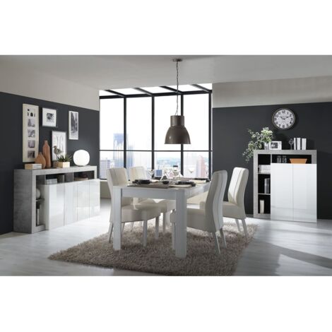 Altobuy – Séjour complet table + buffet 4 places blanc laqué – Niches aspect ciment – Table 180x90cm – Buffet 184x42cm – Meuble rangement 108x42cm