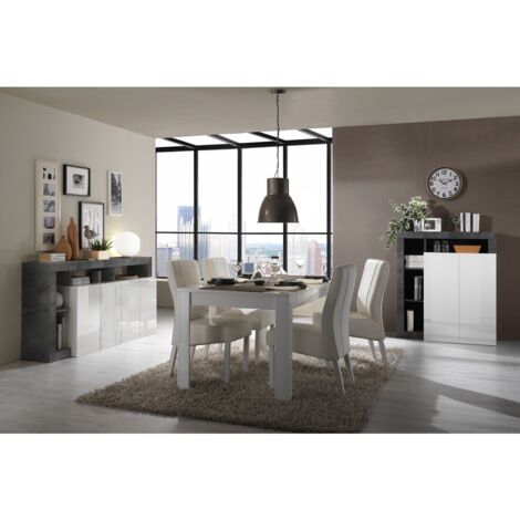 Altobuy – Séjour complet table + buffet 4 places blanc laqué – Panneaux haute densité – Style minéral moderne – Dimensions table 180x90cm