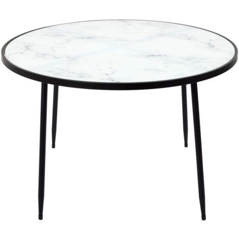 Altobuy – Table basse fixe Ø75cm en verre trempé imitation marbre – Structure métallique noire – Élégante et facile à nettoyer – H48cm