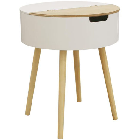 Altobuy – Table basse ronde blanche avec coffre – Ø45 cm – Piétement en pin massif – Structure MDF aspect bois – Design scandinave élégant