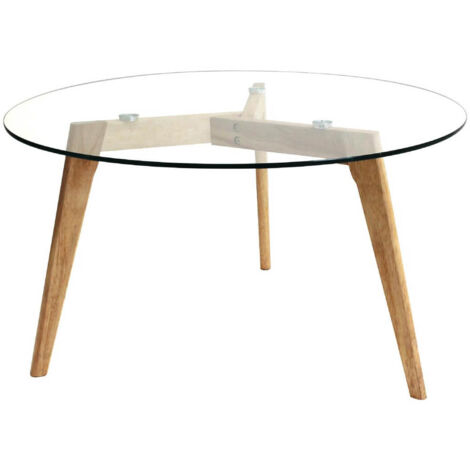Altobuy – Table basse ronde en verre trempé Ø80 cm – Piétement en hévéa massif – Design moderne pour salon contemporain – Prête à l'emploi
