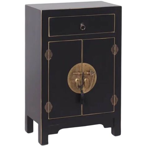 Altobuy – Table d'appoint 2 portes 1 tiroir en épicéa et MDF – Coloris noir – Dimensions 45x26xH69 cm – Poignées métalliques vintage