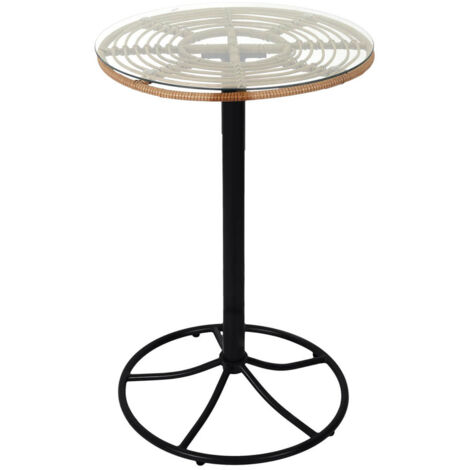 Altobuy – Table mange-debout noire Ø65cm H100cm – Plateau en verre transparent – Structure acier – Tressage polyéthylène marron