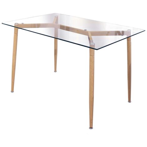 Altobuy – Table repas rectangulaire en verre trempé – Piétement acier inoxydable aspect bois – Dimensions 115x75xH75 cm – Pour 6 personnes