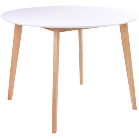 Altobuy – Table repas ronde 105cm en hévéa massif et MDF – Finition naturelle et blanche – Ø105 x H75 cm – Pour petits espaces