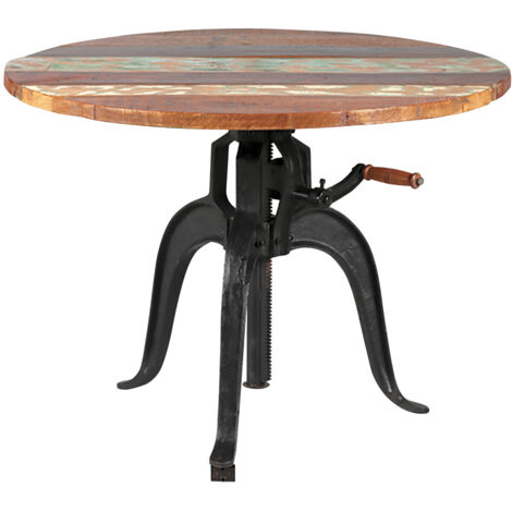 Altobuy – Table ronde à crémaillère en bois de récupération – Plateau ajustable Ø90 cm – Piètement en fonte – Style industriel authentique