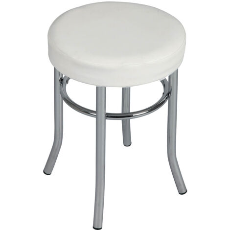 Altobuy – Tabouret rond acier chromé Ø32 cm – Assise simili blanc – Garnissage mousse polypropylène 32kg/m3 – Pour intérieur moderne