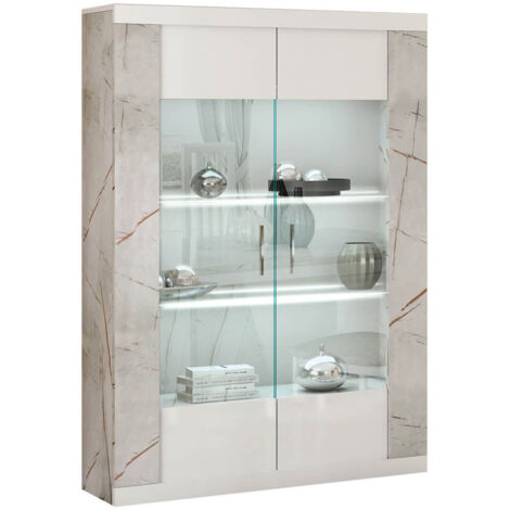 Altobuy – Vitrine 2 portes blanche avec éclairage LED intégré – Décor marbre brillant – Dimensions 100x43,5x175 cm – Structure en panneau de particules