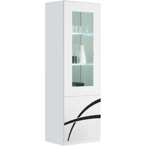 Altobuy – Vitrine droite 1 porte laquée brillante blanche – Dimensions 60 x 46 x H181 cm – Tablettes en verre – Système d'ouverture push pull