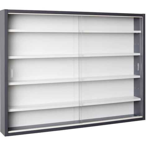 Altobuy – Vitrine murale 5 compartiments grise et blanche – Structure en panneaux de particules laqués – Portes en verre sécurit – Dimensions 80x10xH60 cm