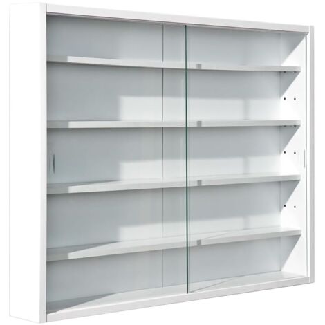 Altobuy – Vitrine murale blanche 80x9,5xH60 cm – 5 compartiments avec vitres coulissantes – Panneau mélaminé et verre sécurit