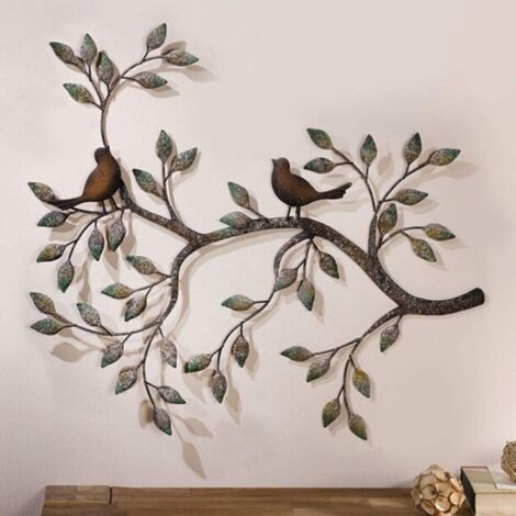Altra decorazione da parete, scultura da parete in metallo da 22,8 x 18,8 pollici, decorazione da parete con uccelli, decorazione da parete retrò in ferro battuto, una coppia di amanti sui rami-RAPAND
