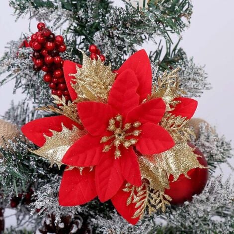 Altre decorazioni natalizie, 20 fiori per albero di Natale con clip, fiori artificiali glitterati di Natale, stella di Natale di Natale per ghirlanda, corona, decorazione per albero di Natale (rosso d