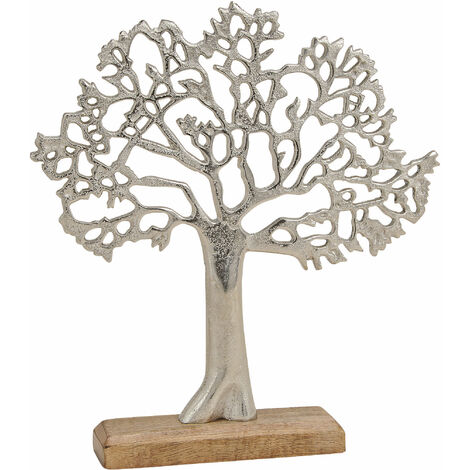 Alu Lebensbaum 33x30 cm auf Mangoholz - Baum Tischdeko Fensterdeko Holz Dekoration Baum Aluminium Mango Silber