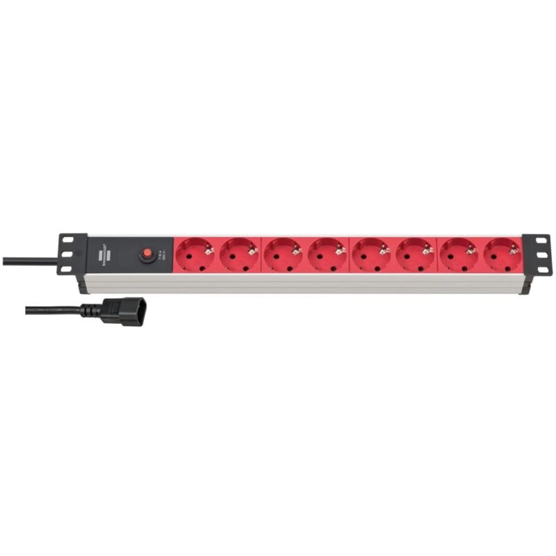 Alu-Line 19' Multiprise pour armoires électriques avec disjoncteur automatique 10A et fiche appareil froid iec C14 8x argent/rouge 2 m H05VV-F 3G1,0