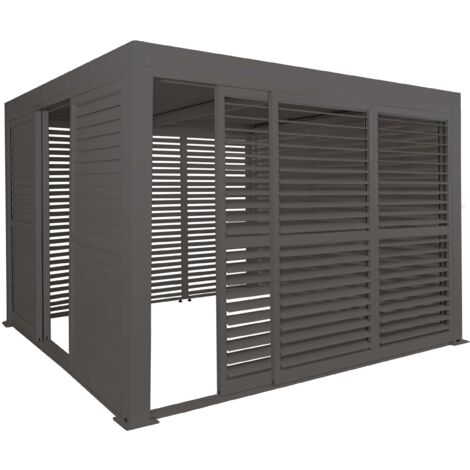 Alu Pergola HHG-408, Pavillon Terrassenüberdachung, 6x Lamellenpaneel 6x Schiebetüren, 11cm-Gestell, 3x3m anthrazit