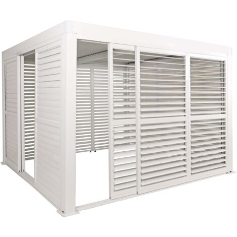 Alu Pergola HHG-408, Pavillon Terrassenüberdachung, 6x Lamellenpaneel 6x Schiebetüren, 11cm-Gestell, 3x3m weiß
