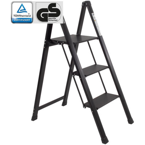 Alu Trittleiter 3-stufig schwarz klappbar 150 kg Anti-Rutsch Trittflächen TÜV/GS Klapptritt