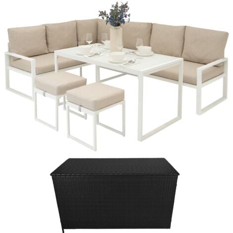 Aluminium Corner Sofa Set With Black Rattan Storage Box - White