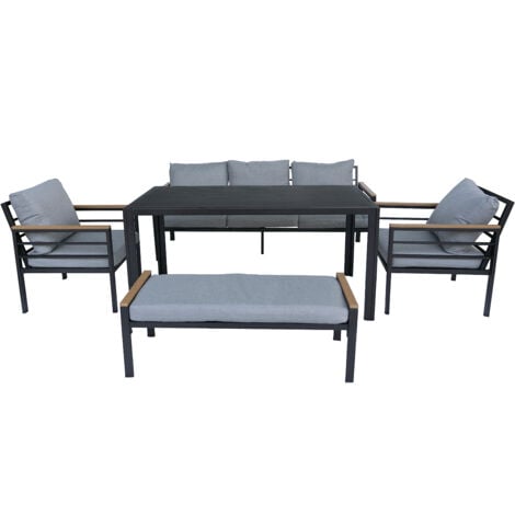 Aluminium Frame Garden Sofa Set - 5 Piece Outdoor Lounge with 3-Seat & Single Sofas, Bench & Table - Modern Patio Furniture Set