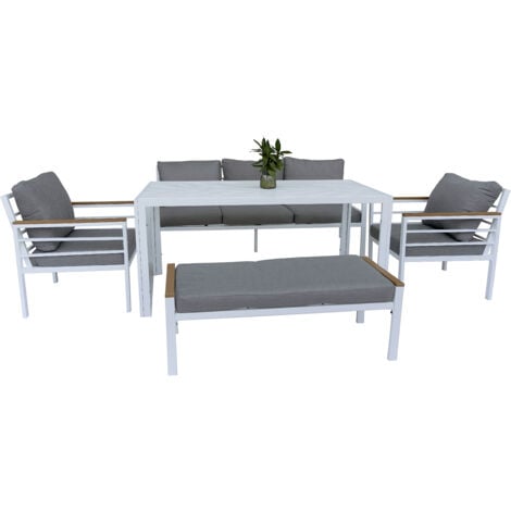 Aluminium Frame Outdoor Sofa Set - 5-Piece Garden Lounge Set with Bench, Table & Cushioned Sofas - Modern Patio Furniture