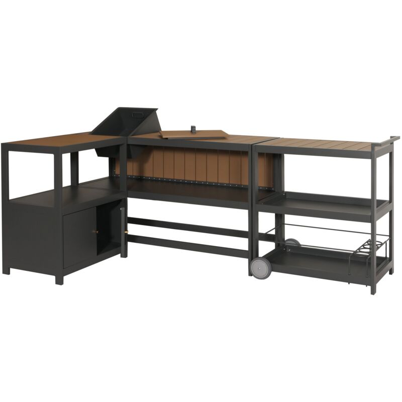 HHG - Aluminium Outdoor-Küche 3-pièces 810, cuisine extérieure jardin chariot de service seau à glace armoire, anthracite, aspect bois clair