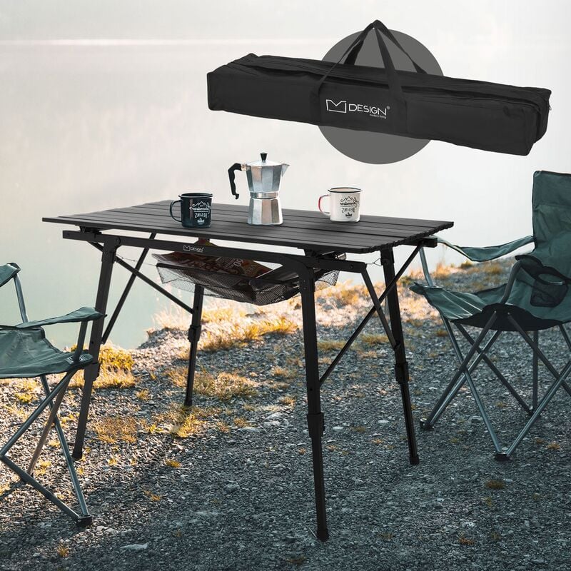 Ml-design - Table de Camping Pliante Noir, 90x51,5 cm, Aluminium, Hauteur Réglable 46-66,5 cm, Plateau de Table Enroulable Jardin/Balcon, Table de