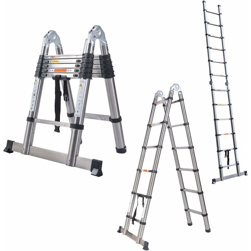 Aluminum 3.8m/12.5ft Folding Telescopic Ladder Extendable 16 Steps, Can Be Straight Or A-Frame Ladder, EN131 Certification, 150KG Capacity