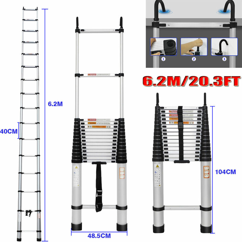 Aluminum Ladder Telescopic Extension Ladder with Safety Detachable Hooks 20FT uk
