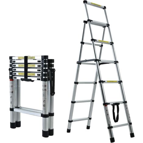 Aluminum Telescoping Ladder Extension Ladder Portable Steps Ladder 5+6 Steps Compact Aluminium Herringbone Ladder, 330lbs Capacity, for Household, RV, Outdoor