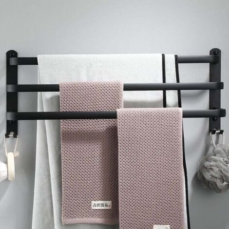 Aluminum Wall Mounted Towel Holder - 3 Tiers - with Hooks - 60cm - Waterproof - Black - for Bathroom, Kitchen, Toilet MUMU