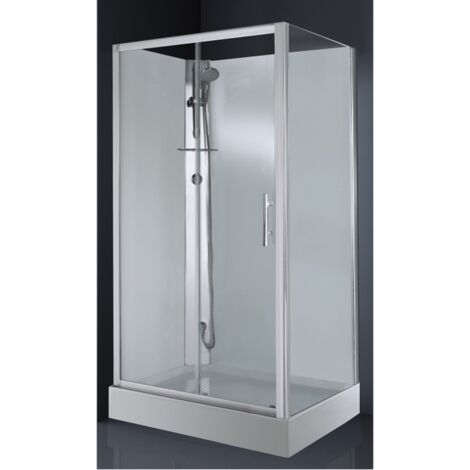Alutrade – Cabine de douche 120x80 cm avec mitigeur thermostatique – Verre sécurit transparent 6 mm – Panneaux coulissant et fixe – Profilé silver antibactérien