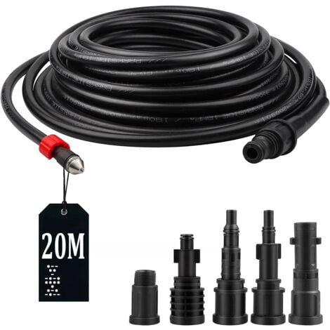 AlwaysH 20m Hose for High Pressure Washer 5 adapters 180 bar 60°C, pipe cleaning kit for Kärcher Lavor, Interpump, Bosch high pressure cleaner, Pipe Unblocker Hose