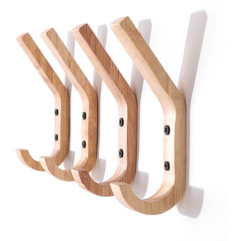 AlwaysH 4 Pieces Rubber Wood Wall Hooks, 16 x 6 x 2.5 cm