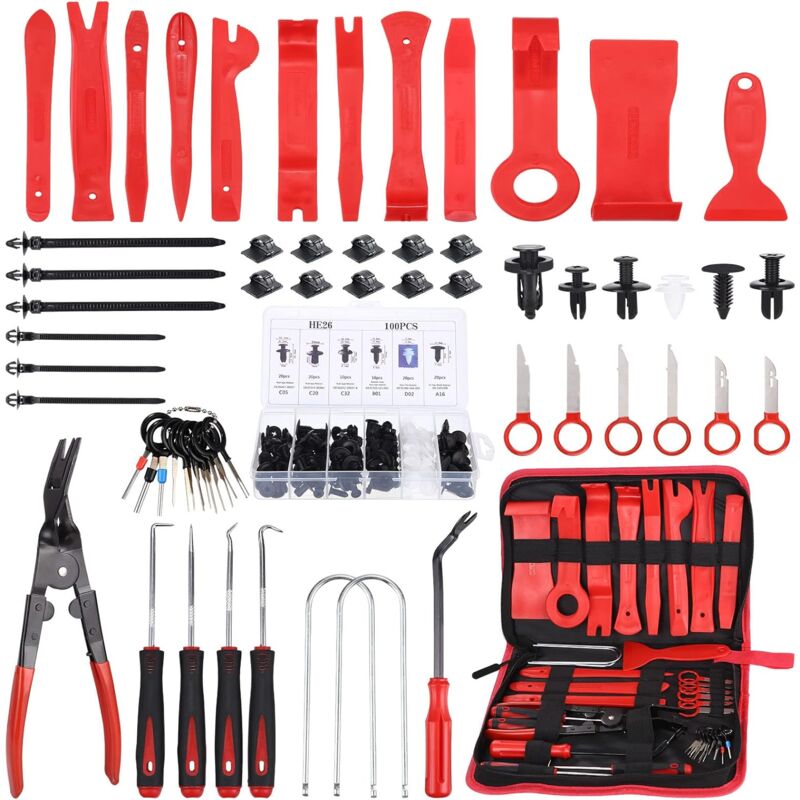 Alwaysh - Door Panel Puller,154Pcs Dashboard Puller,Car Trim Removal,Removal Tool Set,Scratch-Free Use,Red,with Car Mounting Clips