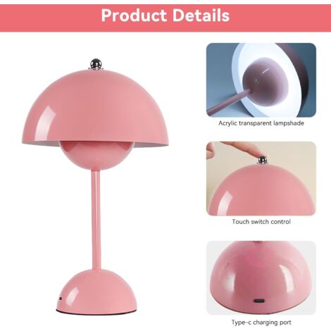 AlwaysH Flowerpot Cordless Dimmable Mushroom LED Table Lamp with 3 Brightness Modes, Touch Dimmable, Retro Mushroom Desk Lamp for Bedroom