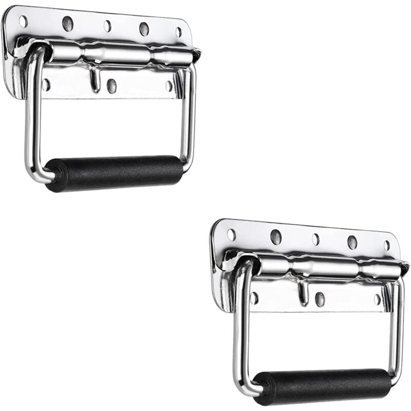 AlwaysH Folding Crate Handles, 2Pcs Stainless Steel Pull Handle Spring Loaded Folding Handle with Rubber Grip for Storage Boxes Toolbox Replacement,