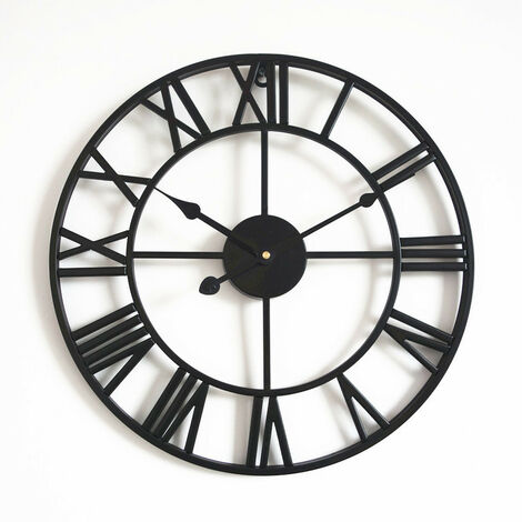 AlwaysH Grande Horloge Murale Ronde en métal de Style Vintage Silencieux sans tic-tac à Piles 40 cm horloges à Chiffres Romains Noirs pour Salon Chambre Cuisine décoration