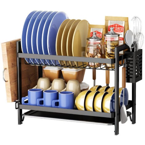 AlwaysH Kitchen Dish Drainer 2 Tier, Stainless Steel Dish Drainer with Utensil Holder and Drip Tray, Large Sink Drainer Suitable for a Family of 4-5 People