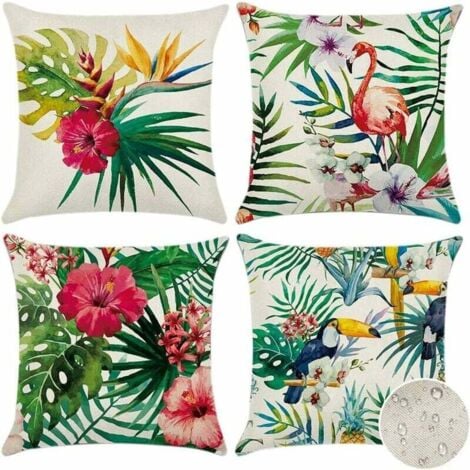 AlwaysH Outdoor Cushion Cover, Set of 4 Waterproof Tropical Plants and Flowers and Birds Pattern Sofa Throw Pillow Case for Patio Garden Living Room Bedroom Decoration, 45x45cm