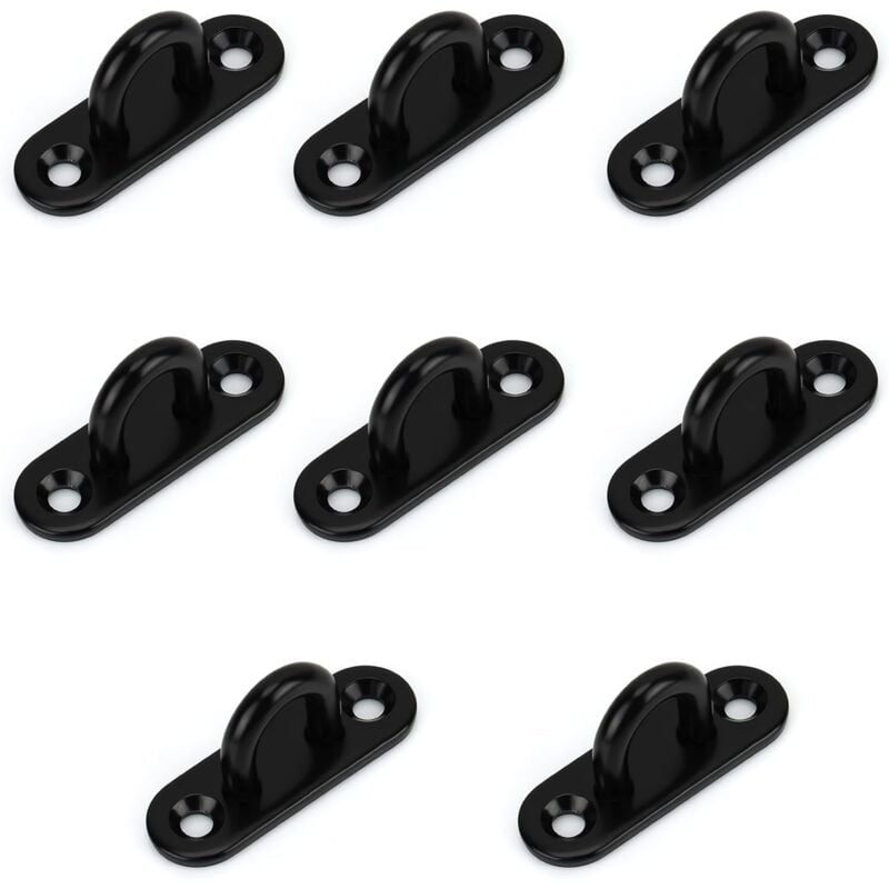 Pack of 8 Stainless Steel Eyelet Plate - Oblong U-Shaped Metal Hook Wall and Ceiling Mounting 45 x 15 mm, Black - Alwaysh