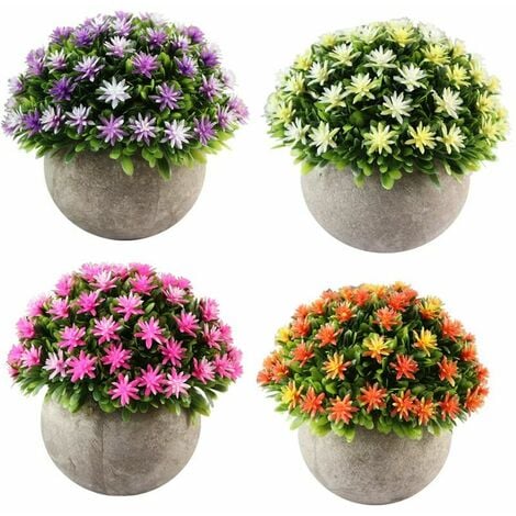 AlwaysH Set of 4 Small Artificial Flower Plants with Pot, Indoor Outdoor for Decoration.(Orange+Pink+Yellow+Purple)