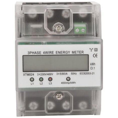 AlwaysH Three-phase 4-wire energy meter 220/380V 5-80A Energy consumption kWh Meter DIN rail installation Digital electric meter with backlit LCD display, model: Transparent