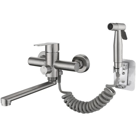 AlwaysH Wall-Mounted Kitchen Faucet Mixer for Sink Kitchen Taps with Spray Gun and 2 Types of Water Jets 360° Rotating in Brushed Stainless Steel