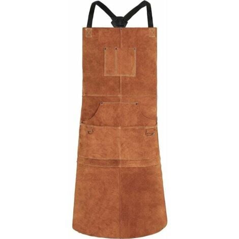 AlwaysH Welding Apron, Cowhide Leather Work Apron with 6 Pockets, 24" x 36" Multifunctional Cooking Apron, Adjustable Straps from M to XXL for Men and Women (Brown)